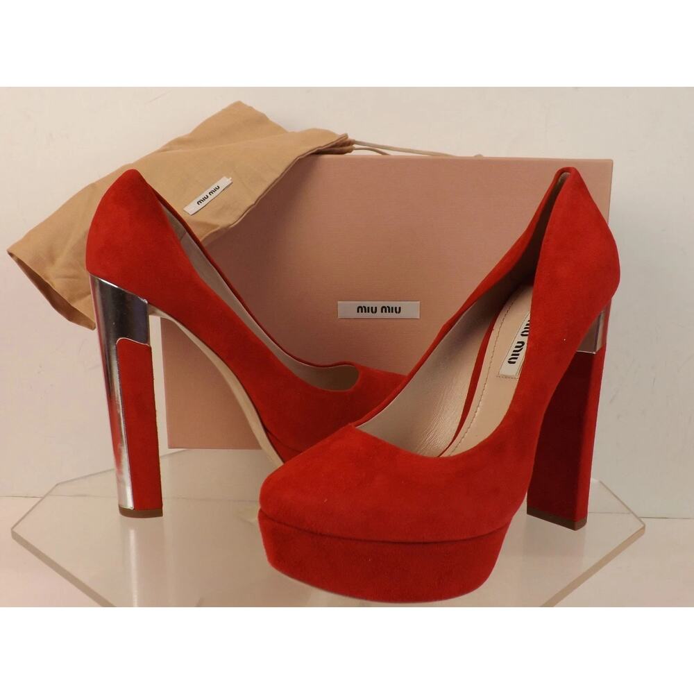 NIB MIU MIU PRADA 5IP334 RED SUEDE SILVER MIRROR HEEL PLATFORM PUMPS 37.5.5